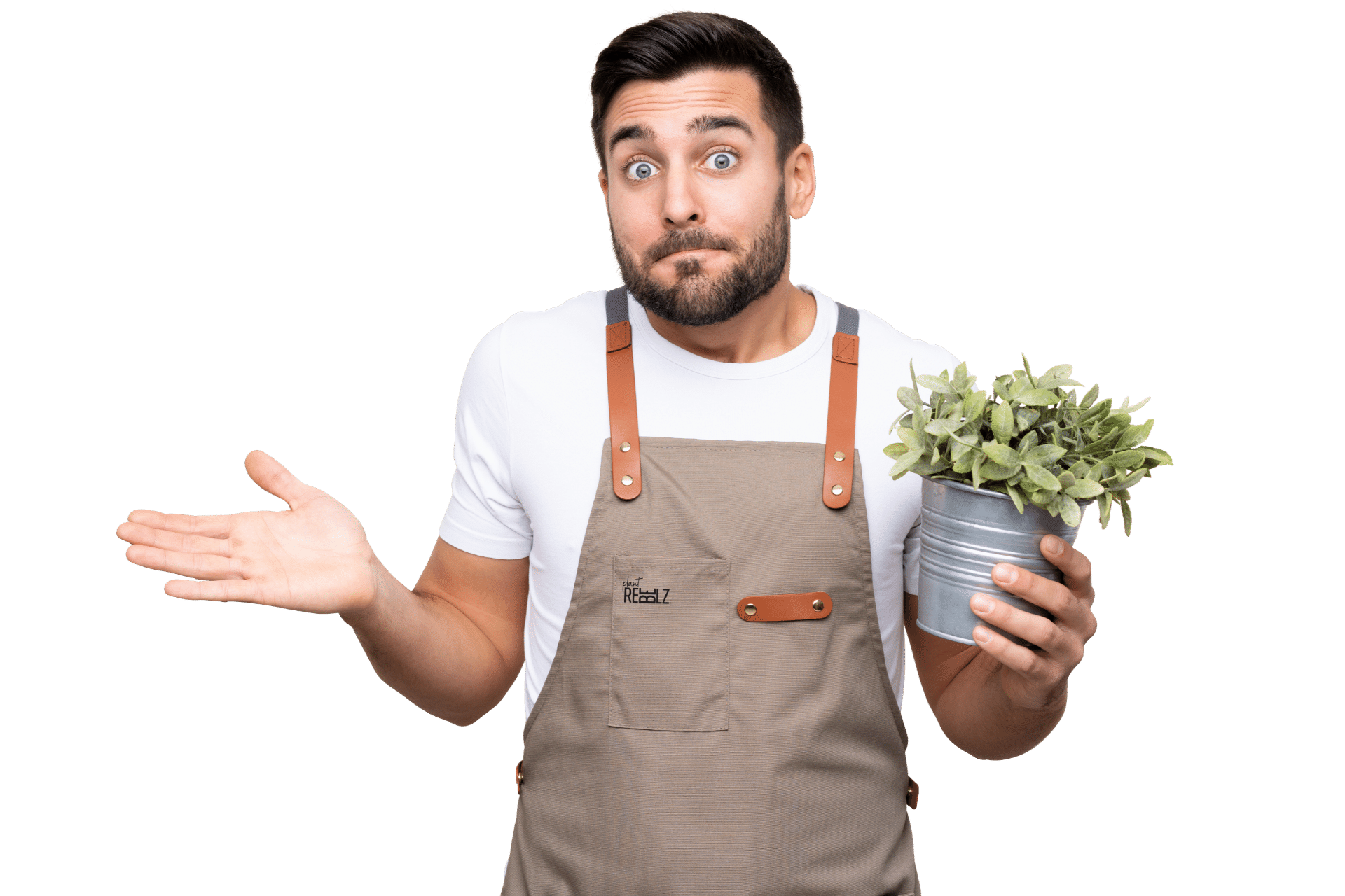 man met schort die zijn schouders ophaalt met plantje in hand